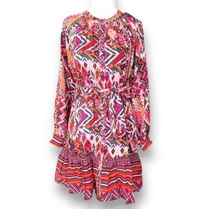 Zara Mini Dress Red Pink Abstract Print Long Sleeve Drop Waist Ruffle Bow Detail